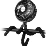 Black AMACOOL portable clip-on stroller fan with flexible tripod legs attached to a stroller handle, blowing air.