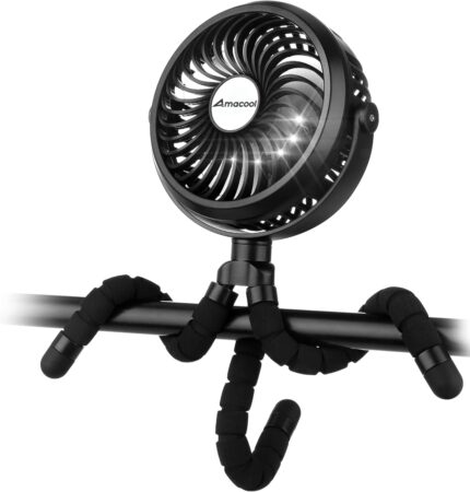 Black AMACOOL portable clip-on stroller fan with flexible tripod legs attached to a stroller handle, blowing air.