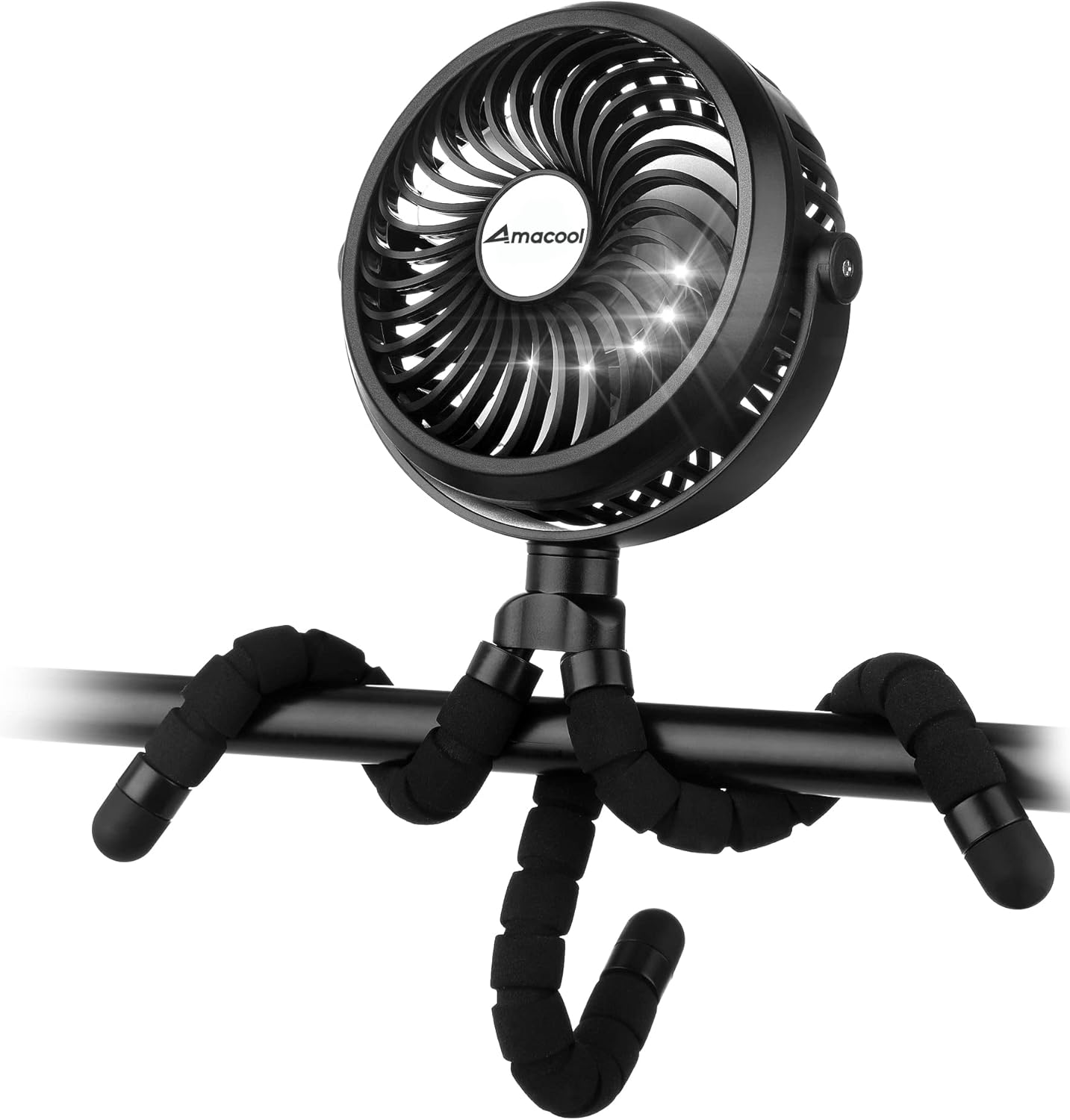 amacool-portable-stroller-fan-rechargeable-clip-on-fan-for-baby-travel-01 Black AMACOOL portable clip-on stroller fan with flexible tripod legs attached to a stroller handle, blowing air.