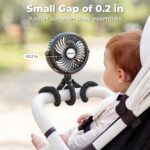 Black AMACOOL portable clip-on stroller fan with flexible tripod legs attached to a stroller handle, blowing air.