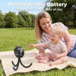 Black AMACOOL portable clip-on stroller fan with flexible tripod legs attached to a stroller handle, blowing air.