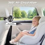 Black AMACOOL portable clip-on stroller fan with flexible tripod legs attached to a stroller handle, blowing air.