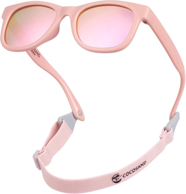 Bright pink COCOSAND flexible polarized baby sunglasses with an adjustable strap, shown on a white background.