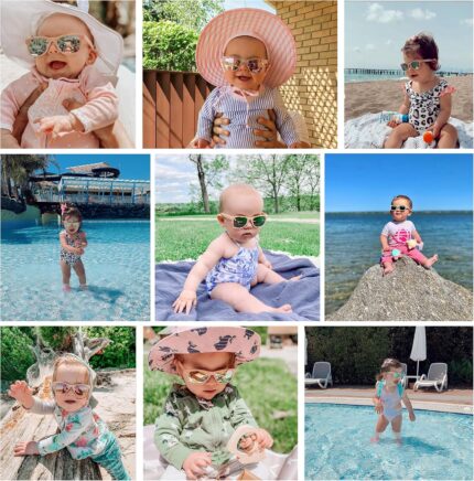 Bright pink COCOSAND flexible polarized baby sunglasses with an adjustable strap, shown on a white background.