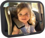 Black funbliss baby car mirror mounted on a headrest, showing a wide-angle convex lens for rear-facing infant monitoring.