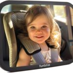 Black funbliss baby car mirror mounted on a headrest, showing a wide-angle convex lens for rear-facing infant monitoring.