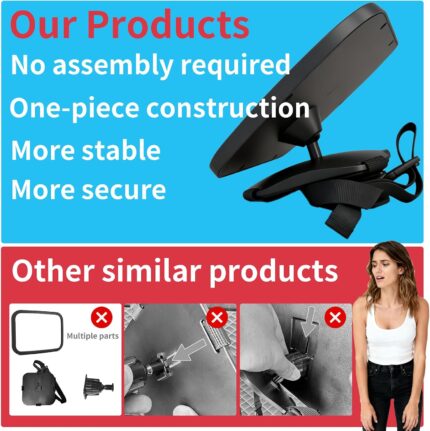 Black funbliss baby car mirror mounted on a headrest, showing a wide-angle convex lens for rear-facing infant monitoring.