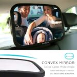 Black funbliss baby car mirror mounted on a headrest, showing a wide-angle convex lens for rear-facing infant monitoring.