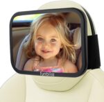 funbliss baby car mirror for rear-facing car seats, mounted on a fixed headrest, showing a clear view.