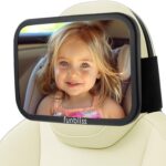 funbliss baby car mirror for rear-facing car seats, mounted on a fixed headrest, showing a clear view.