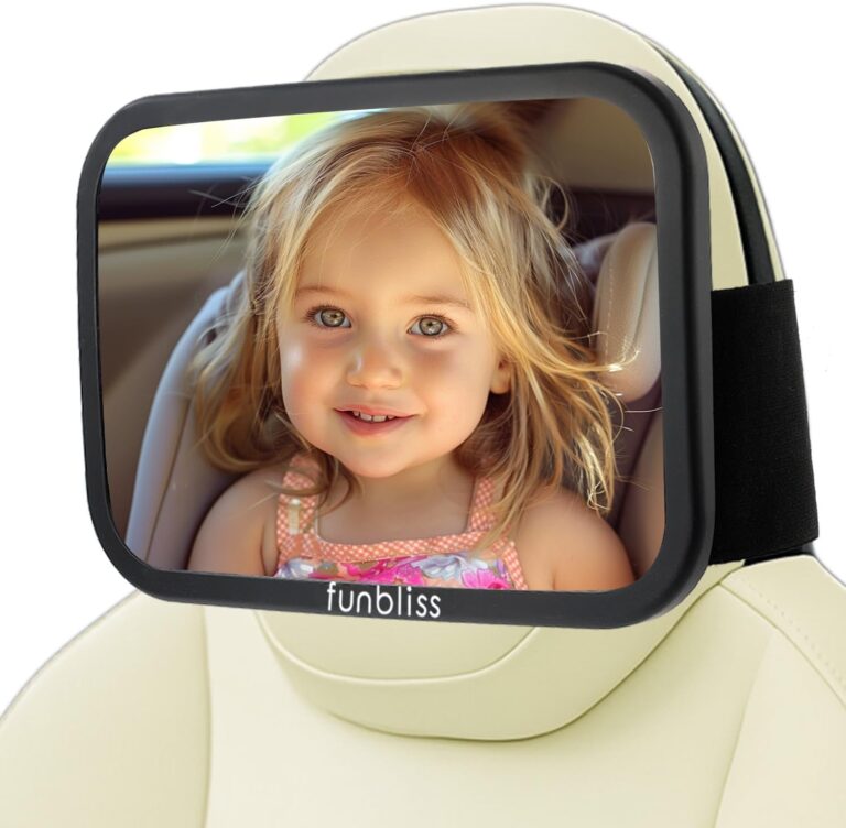 funbliss baby car mirror for rear-facing car seats, mounted on a fixed headrest, showing a clear view.