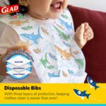 A stack of 30 Glad for Kids disposable paper bibs, showing the colorful shark pattern and crumb catcher pocket.