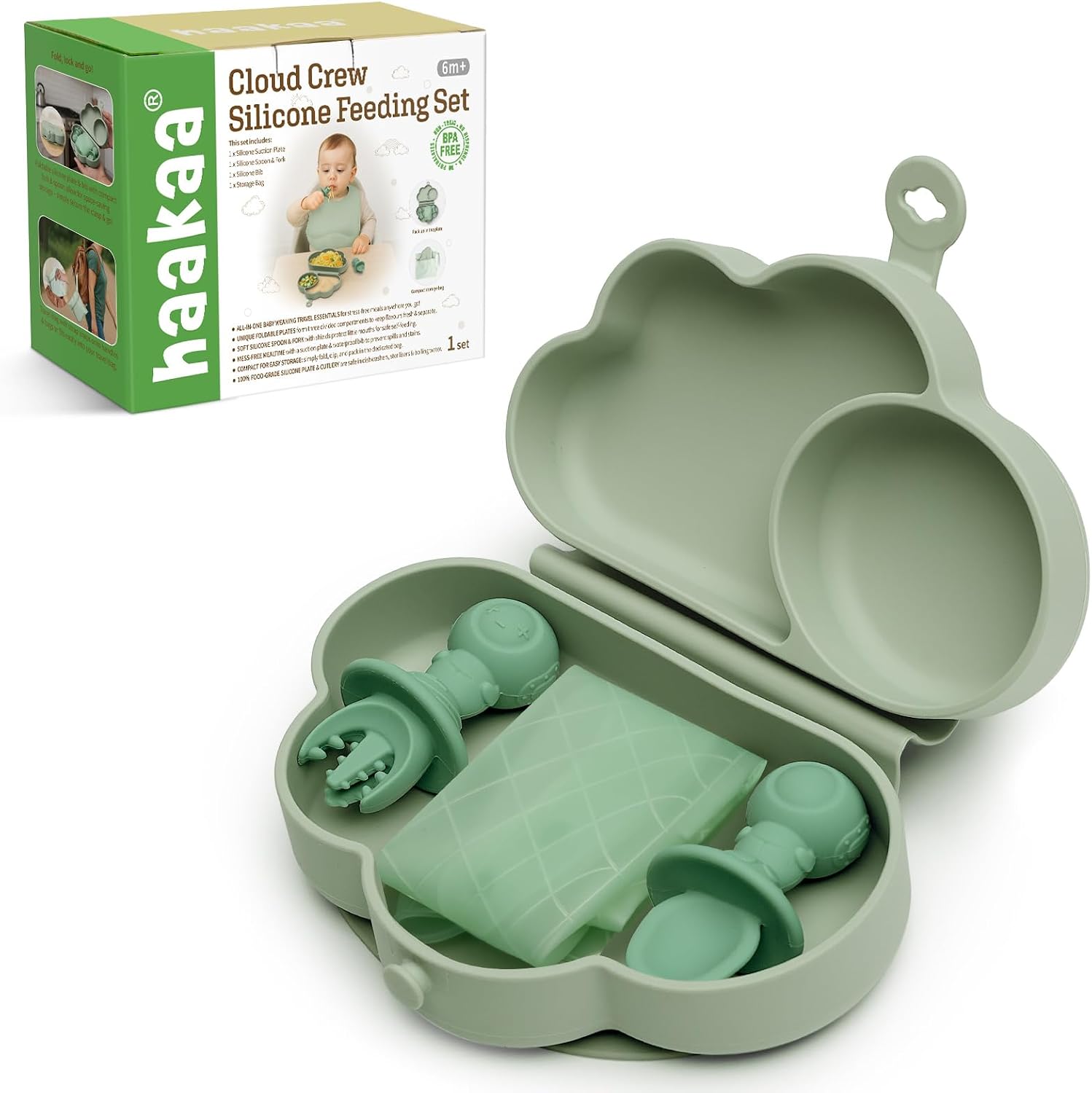 haakaa-cloud-crew-5-piece-green-silicone-baby-travel-feeding-set-for-ages-6m-01 A haakaa Cloud Crew 5-piece green silicone baby travel feeding set with a foldable plate, bib, spoon, fork, and travel bag.