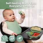 A haakaa Cloud Crew 5-piece green silicone baby travel feeding set with a foldable plate, bib, spoon, fork, and travel bag.