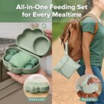 A haakaa Cloud Crew 5-piece green silicone baby travel feeding set with a foldable plate, bib, spoon, fork, and travel bag.