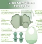 A haakaa Cloud Crew 5-piece green silicone baby travel feeding set with a foldable plate, bib, spoon, fork, and travel bag.