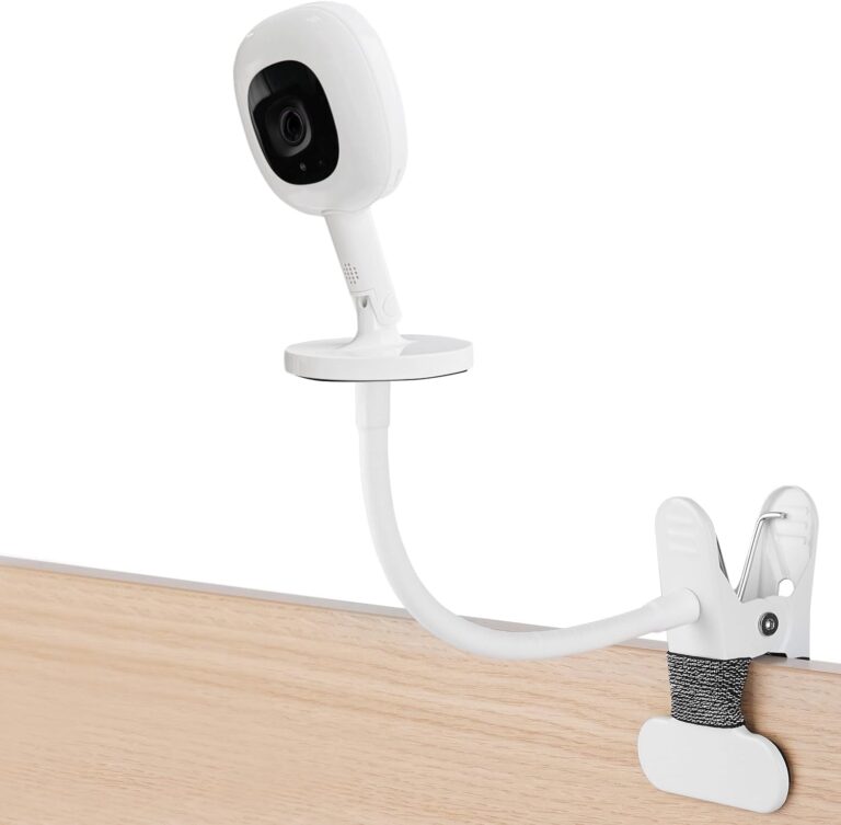 White iTODOS flexible baby monitor mount with an 8-inch arm, clamped to a crib, holding a Nanit Pro baby monitor.