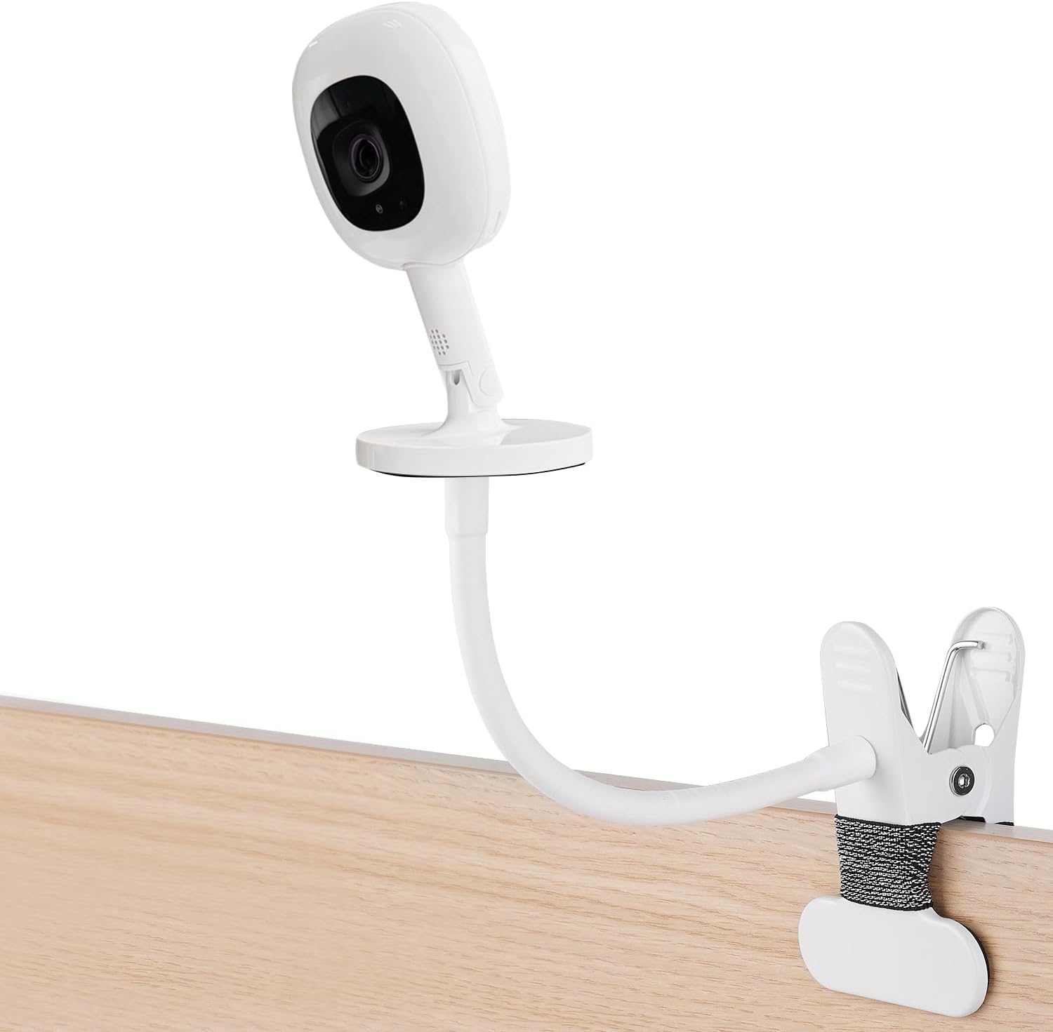 itodos-8-inch-flexible-baby-monitor-mount-for-nanit-pro-smart-monitor-flex-stand-1-pack-01 White iTODOS flexible baby monitor mount with an 8-inch arm, clamped to a crib, holding a Nanit Pro baby monitor.