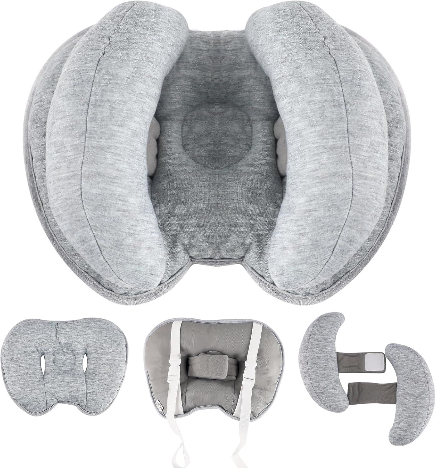 kakiblin-infant-travel-neck-pillow-for-car-seats-strollers-light-grey-1-piece-01 Light grey KAKIBLIN infant travel pillow with a heart shape, providing head and neck support for babies.