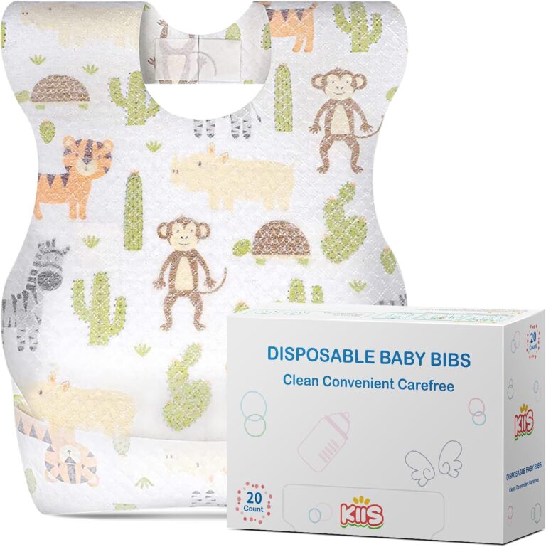 A stack of individually wrapped KIIS disposable baby bibs featuring a colorful cartoon animal pattern.