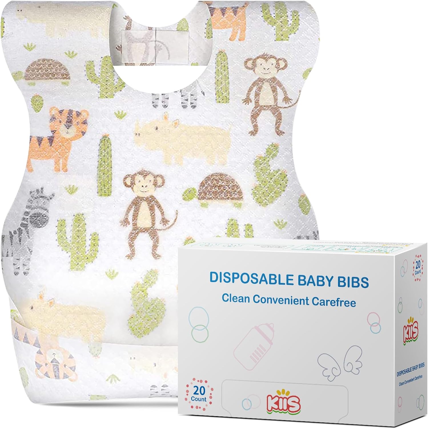 kiis-disposable-baby-bibs-animal-print-large-20-count-01 A stack of individually wrapped KIIS disposable baby bibs featuring a colorful cartoon animal pattern.