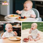 A stack of individually wrapped KIIS disposable baby bibs featuring a colorful cartoon animal pattern.