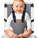 Multi-color liuliuby compact travel high chair securely fastened to a standard dining chair, ready for a baby.