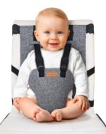 Multi-color liuliuby compact travel high chair securely fastened to a standard dining chair, ready for a baby.