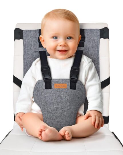 Multi-color liuliuby compact travel high chair securely fastened to a standard dining chair, ready for a baby.