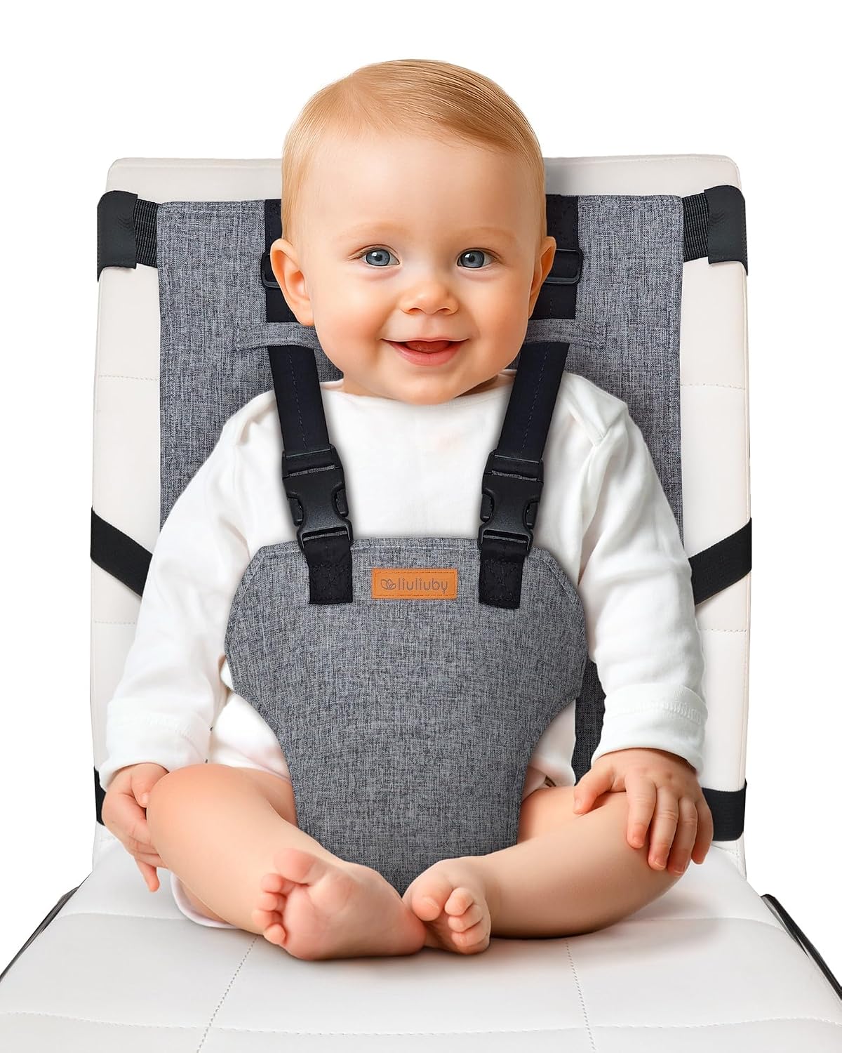 liuliuby-compact-travel-high-chair-for-babies-toddlers-multi-color-01 Multi-color liuliuby compact travel high chair securely fastened to a standard dining chair, ready for a baby.