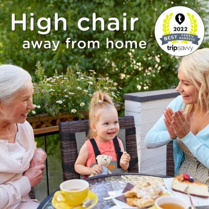 Multi-color liuliuby compact travel high chair securely fastened to a standard dining chair, ready for a baby.