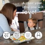Multi-color liuliuby compact travel high chair securely fastened to a standard dining chair, ready for a baby.