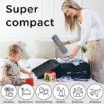 Multi-color liuliuby compact travel high chair securely fastened to a standard dining chair, ready for a baby.