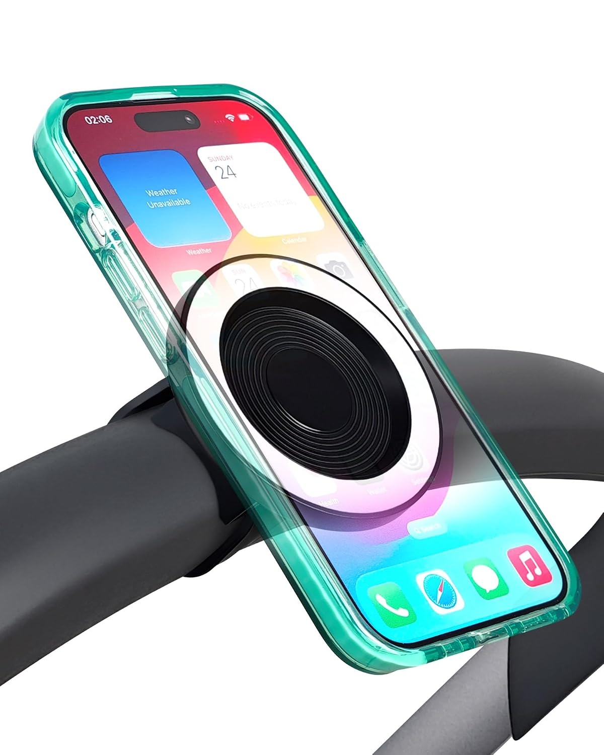 liuliuby-magnetic-phone-holder-for-stroller-golf-push-cart-1-count-01 Black liuliuby magnetic phone holder for strollers and carts, securely attached to a handlebar.