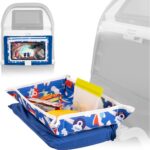 Lusso Gear Airplane Tray Table Cover with plane pattern, showing pockets filled with kids' travel essentials and a tablet.