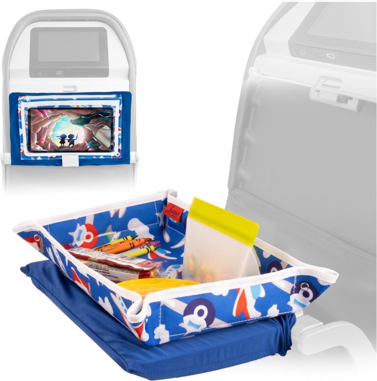 Lusso Gear Airplane Tray Table Cover with plane pattern, showing pockets filled with kids' travel essentials and a tablet.
