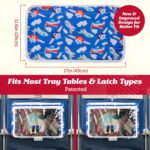 Lusso Gear Airplane Tray Table Cover with plane pattern, showing pockets filled with kids' travel essentials and a tablet.