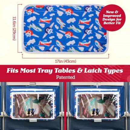 Lusso Gear Airplane Tray Table Cover with plane pattern, showing pockets filled with kids' travel essentials and a tablet.