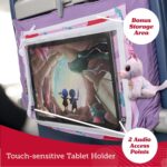 Lusso Gear Airplane Tray Table Cover with plane pattern, showing pockets filled with kids' travel essentials and a tablet.