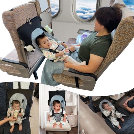 Gray MueKeesam Baby Airplane Bed attached to an airplane seat, showing an infant comfortably resting inside.
