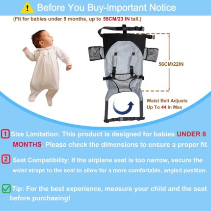 Gray MueKeesam Baby Airplane Bed attached to an airplane seat, showing an infant comfortably resting inside.