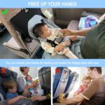Gray MueKeesam Baby Airplane Bed attached to an airplane seat, showing an infant comfortably resting inside.