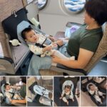 Gray MueKeesam Baby Airplane Bed attached to an airplane seat, showing an infant comfortably resting inside.