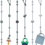 Six blue silicone baby toy straps with animal designs, shown attached to pacifiers and toys on a high chair and stroller.