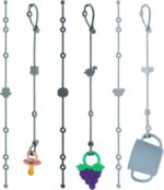 Six blue silicone baby toy straps with animal designs, shown attached to pacifiers and toys on a high chair and stroller.