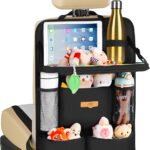 Black SURDOCA backseat car organizer with a foldable tray extended, showing a tablet in its clear pocket and various storage 