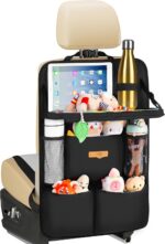Black SURDOCA backseat car organizer with a foldable tray extended, showing a tablet in its clear pocket and various storage