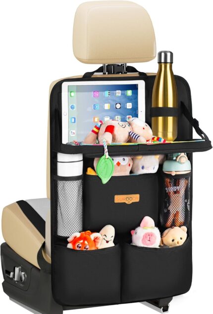 Black SURDOCA backseat car organizer with a foldable tray extended, showing a tablet in its clear pocket and various storage