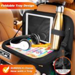 Black SURDOCA backseat car organizer with a foldable tray extended, showing a tablet in its clear pocket and various storage