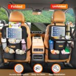Black SURDOCA backseat car organizer with a foldable tray extended, showing a tablet in its clear pocket and various storage